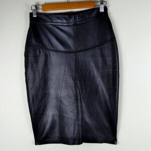 Vintage Late 80's Black Fine Leather Tailor Made Midi Pencil Skirt Sz M